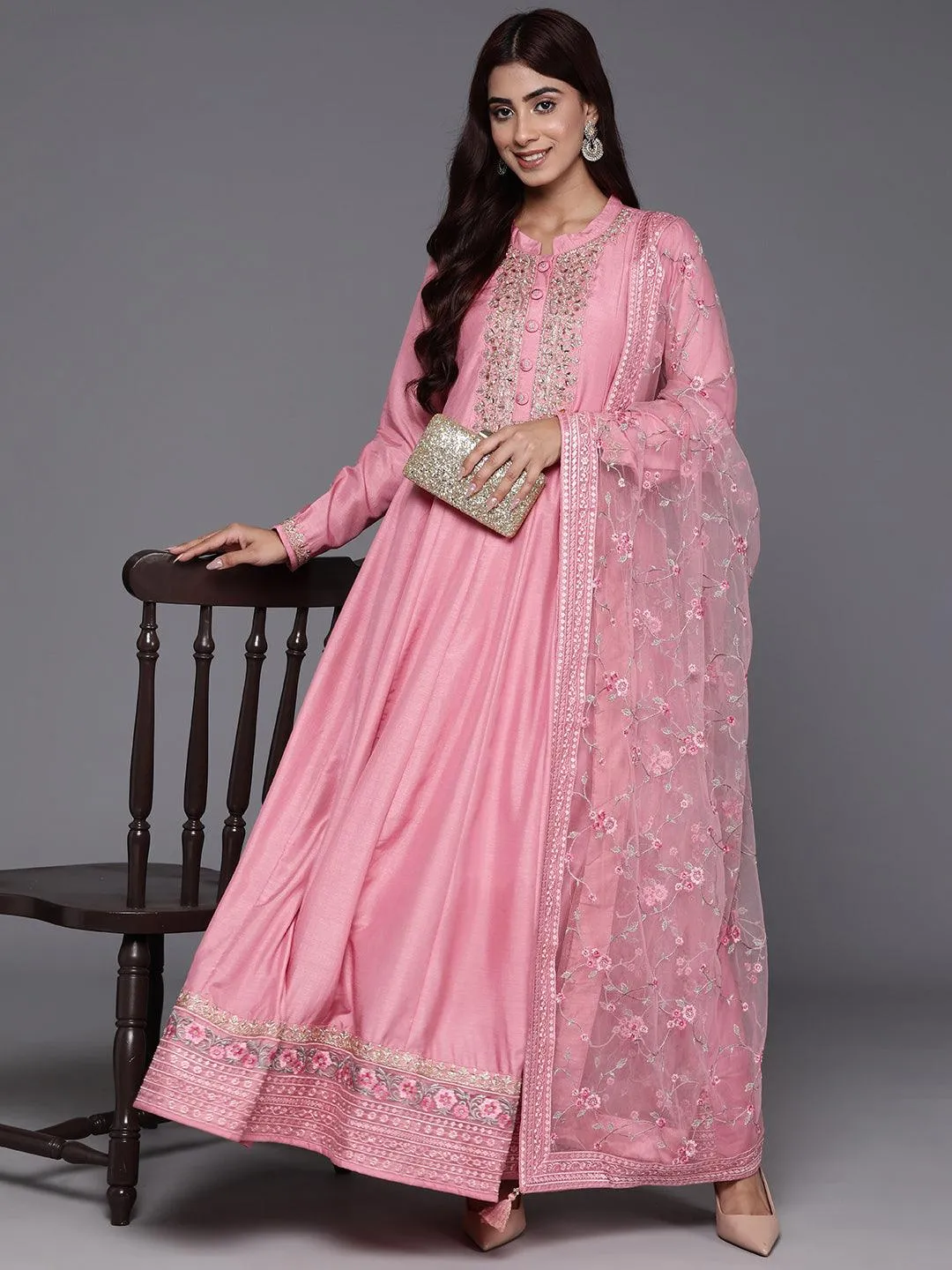 Libas Art Pink Yoke Design Silk Anarkali Suit With Dupatta