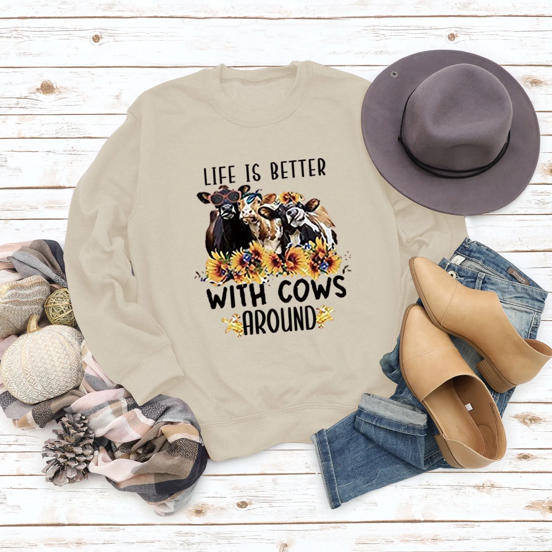 Life Is Better with Letter Cow Print Loose Round Neck Long Sleeve Sweater