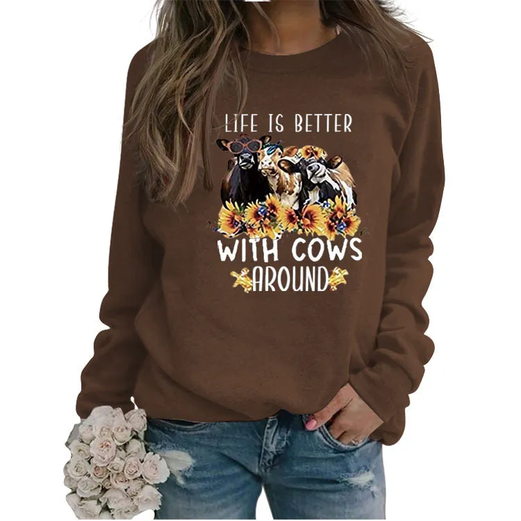 Life Is Better with Letter Cow Print Loose Round Neck Long Sleeve Sweater