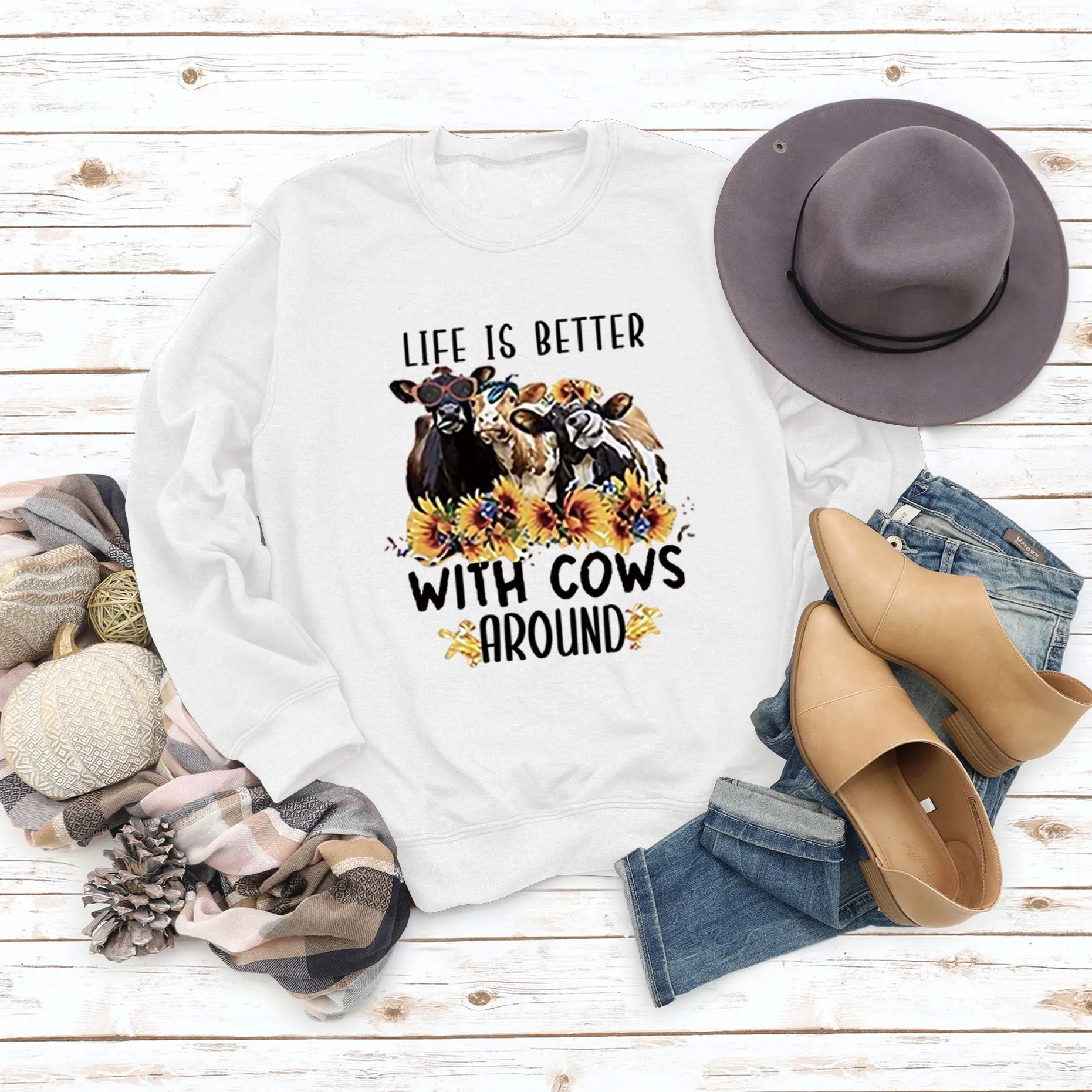 Life Is Better with Letter Cow Print Loose Round Neck Long Sleeve Sweater