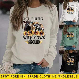 Life Is Better with Letter Cow Print Loose Round Neck Long Sleeve Sweater