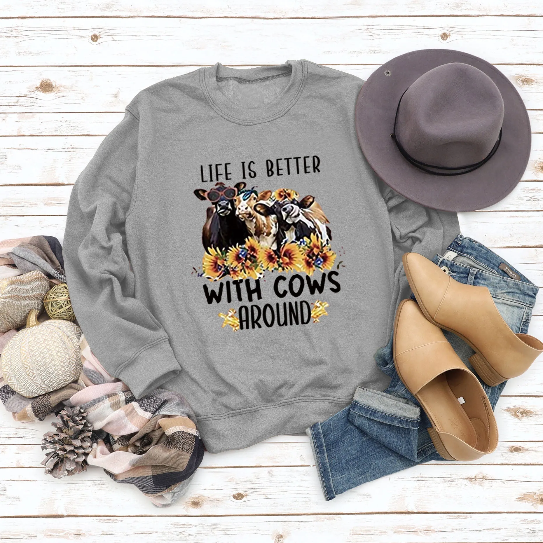 Life Is Better with Letter Cow Print Loose Round Neck Long Sleeve Sweater