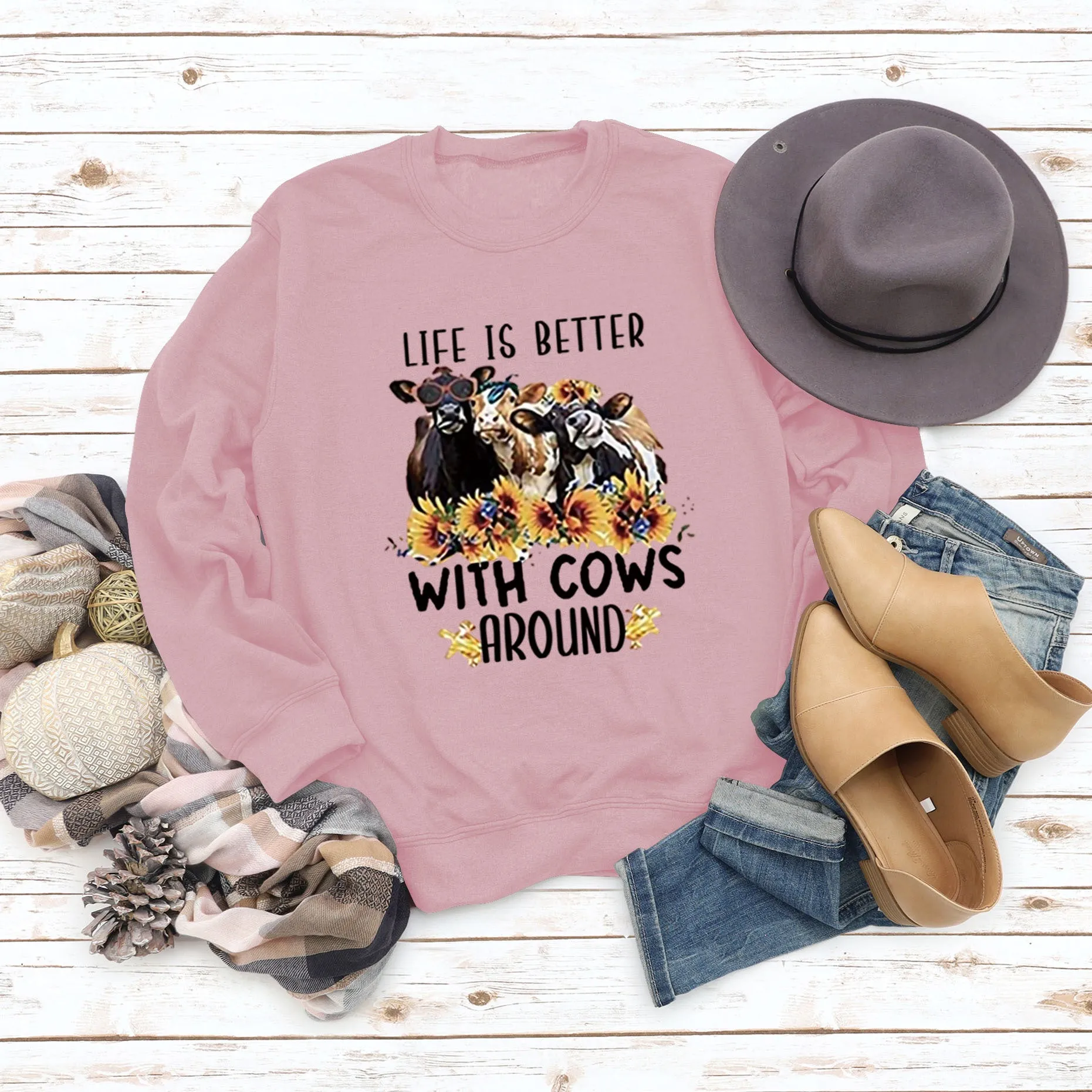 Life Is Better with Letter Cow Print Loose Round Neck Long Sleeve Sweater