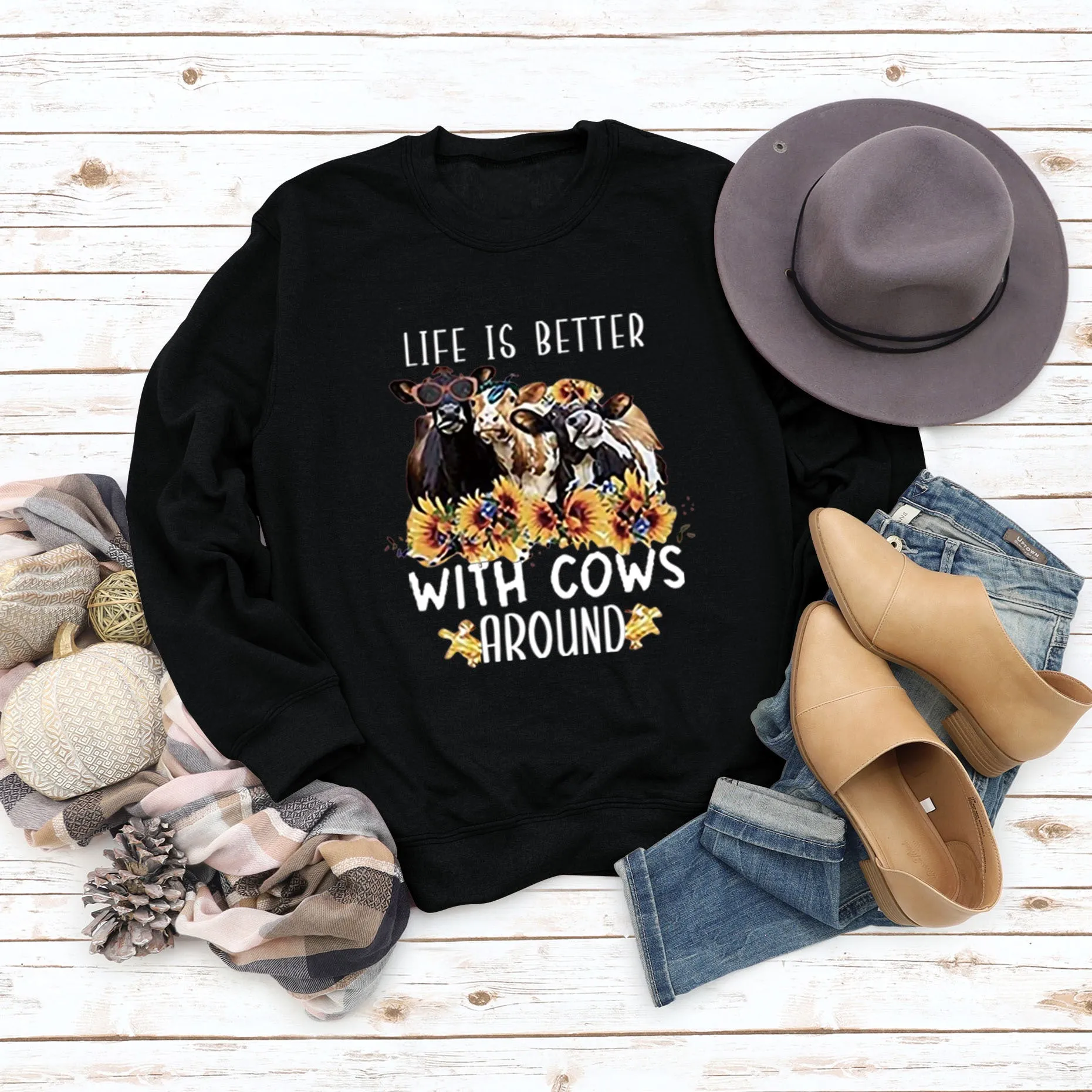 Life Is Better with Letter Cow Print Loose Round Neck Long Sleeve Sweater