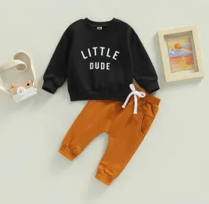 Little Dude Long Sleeve Black Top and Caramel Pants #1000280