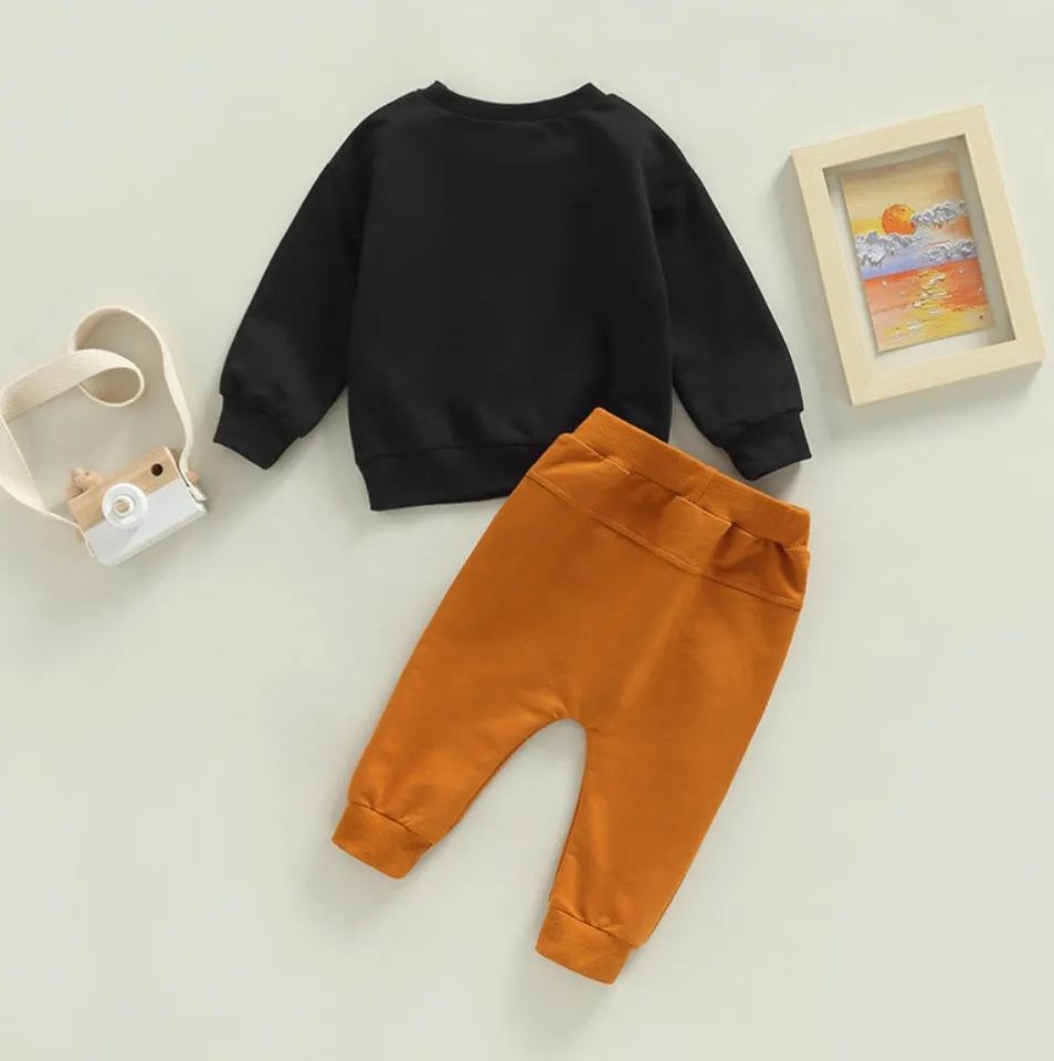 Little Dude Long Sleeve Black Top and Caramel Pants #1000280