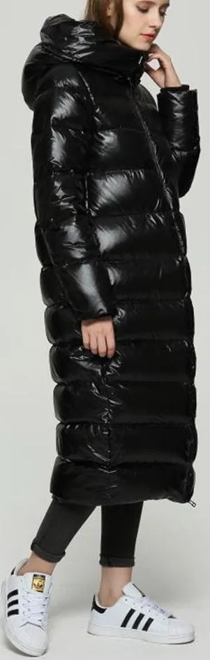 Long Glossy Puffer Down Coat, Black