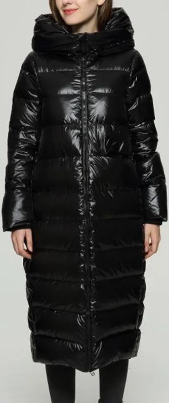 Long Glossy Puffer Down Coat, Black