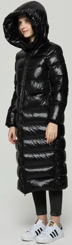 Long Glossy Puffer Down Coat, Black