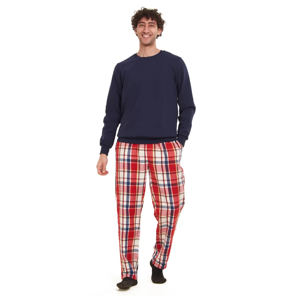 Men Winter Pajama Set Dark Blue Sweatshirt   Red x Dark Blue Checkered Pants