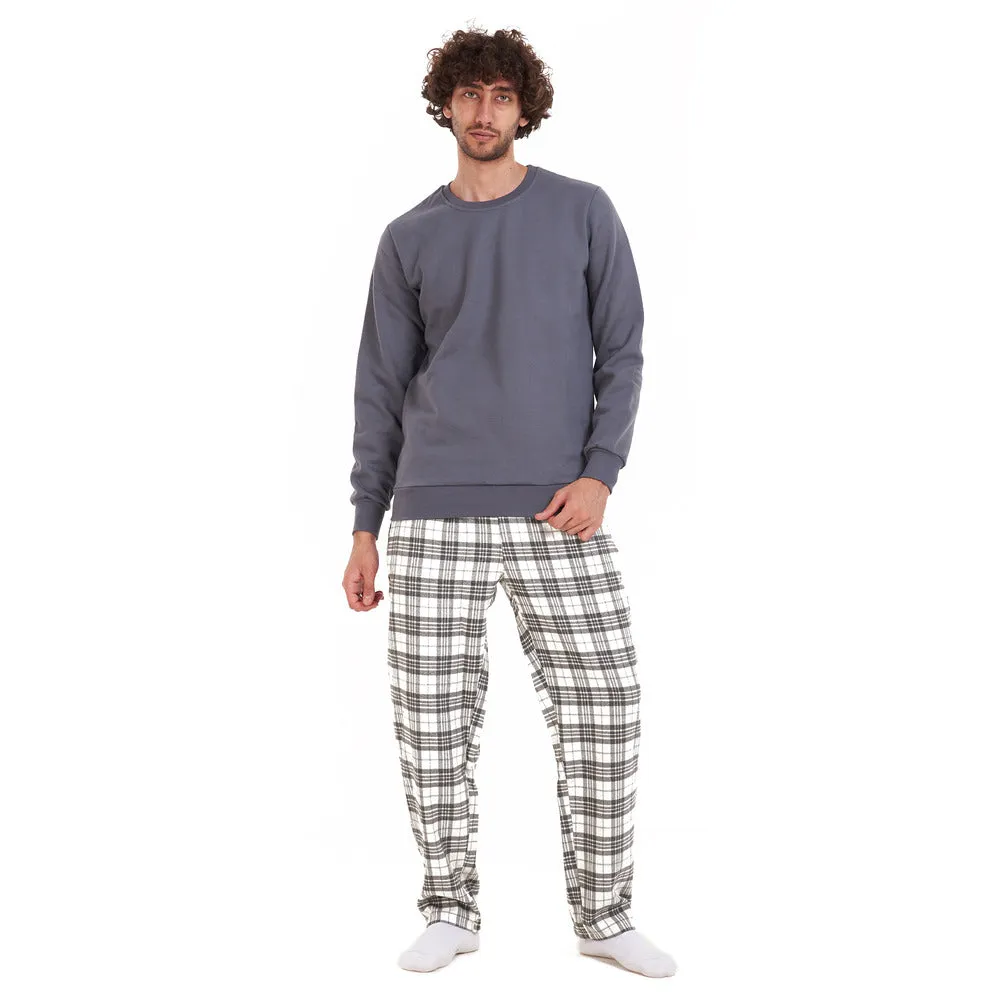 Men Winter Pajama Set Dark Grey Shirt   Grey Checkered Pants