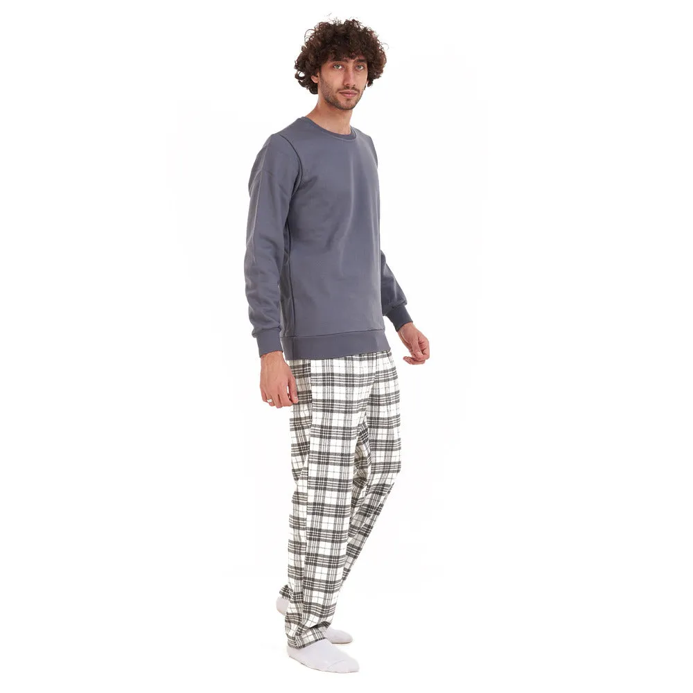 Men Winter Pajama Set Dark Grey Shirt   Grey Checkered Pants