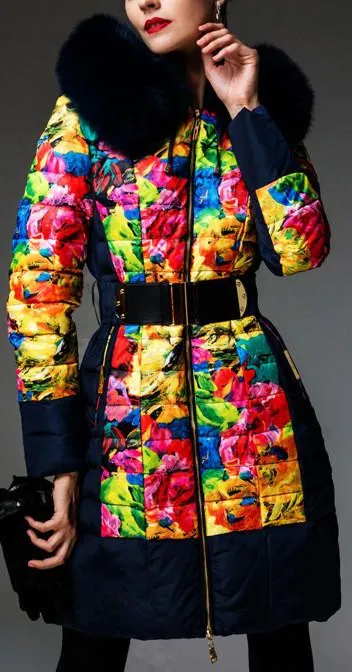 Multi-Colored Floral Print Down Coat with Fox Fur Trim