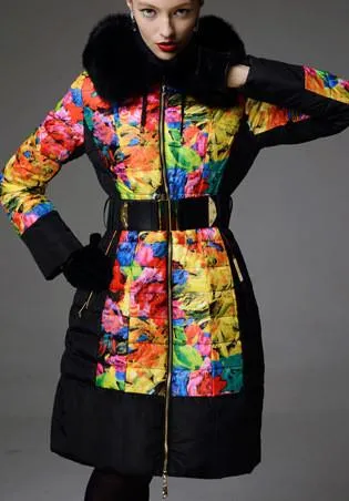 Multi-Colored Floral Print Down Coat with Fox Fur Trim