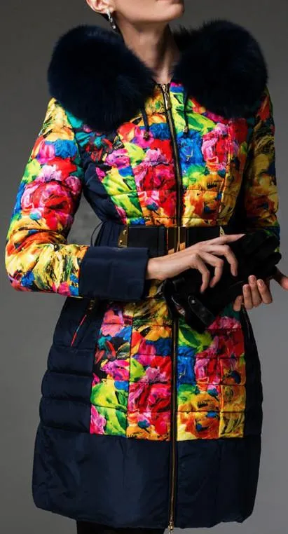 Multi-Colored Floral Print Down Coat with Fox Fur Trim