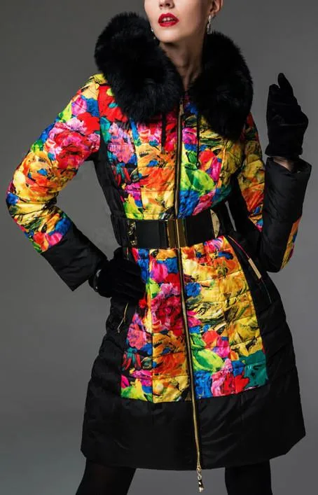 Multi-Colored Floral Print Down Coat with Fox Fur Trim