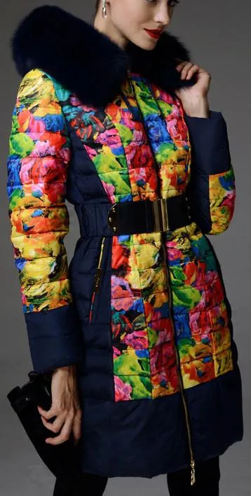 Multi-Colored Floral Print Down Coat with Fox Fur Trim