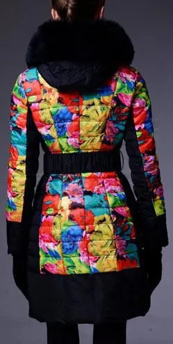 Multi-Colored Floral Print Down Coat with Fox Fur Trim