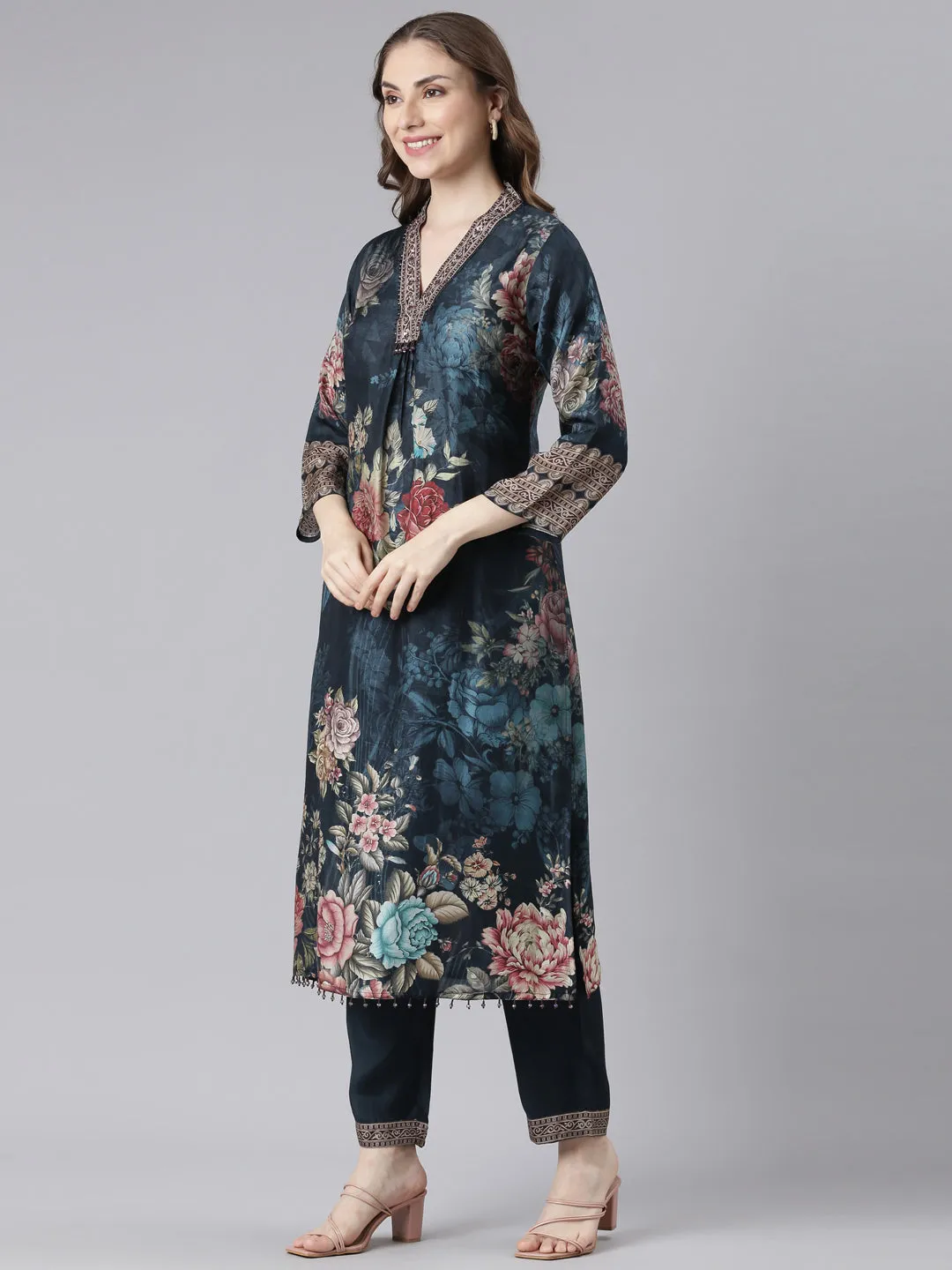 Neerus Blue Chinon Straight Casual Floral Kurta and Trouser with Dupatta