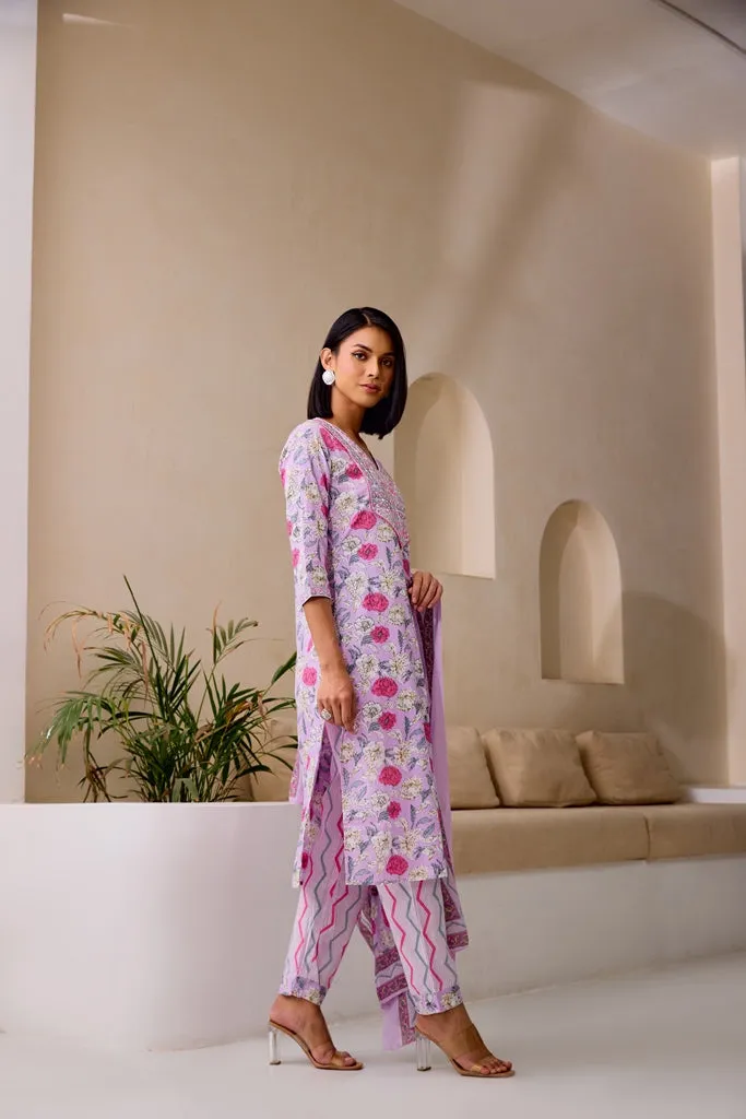 Neerus Lilac Straight Embellished Kurta And Trousers With Dupatta