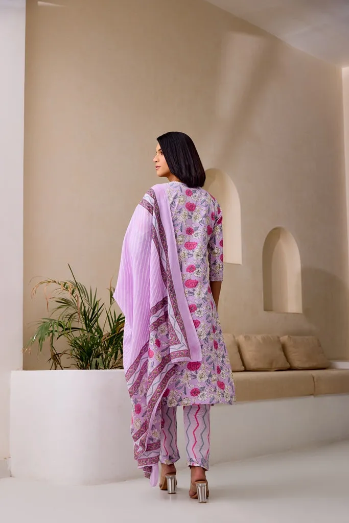 Neerus Lilac Straight Embellished Kurta And Trousers With Dupatta