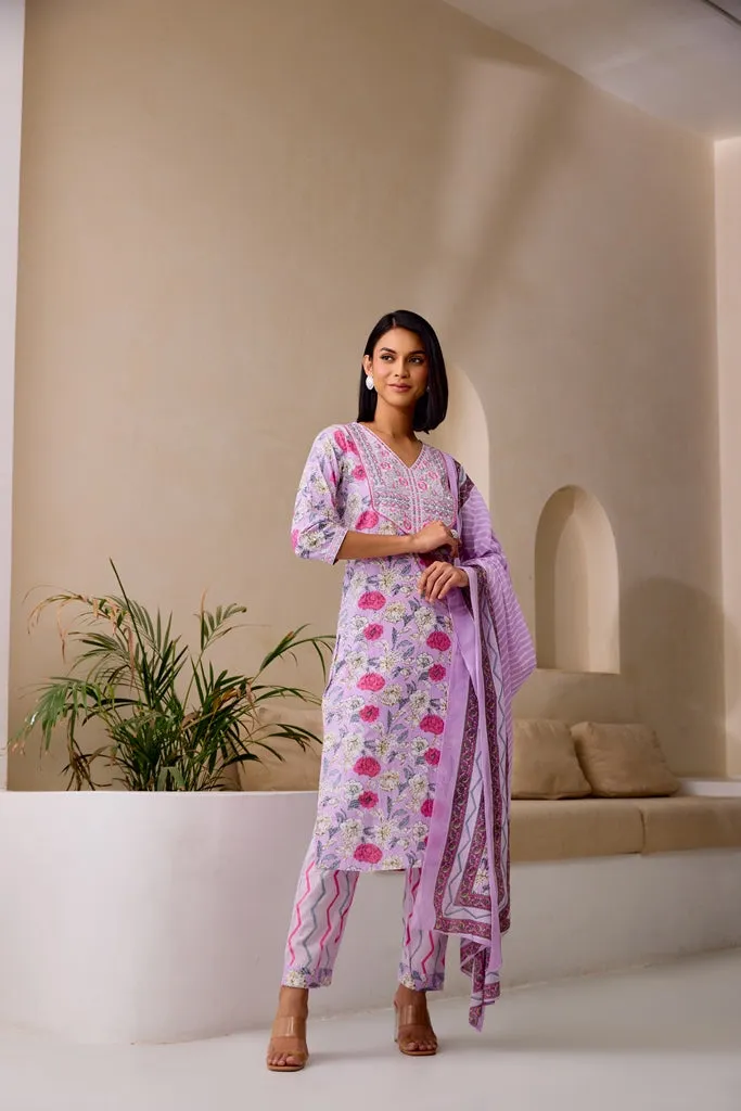 Neerus Lilac Straight Embellished Kurta And Trousers With Dupatta