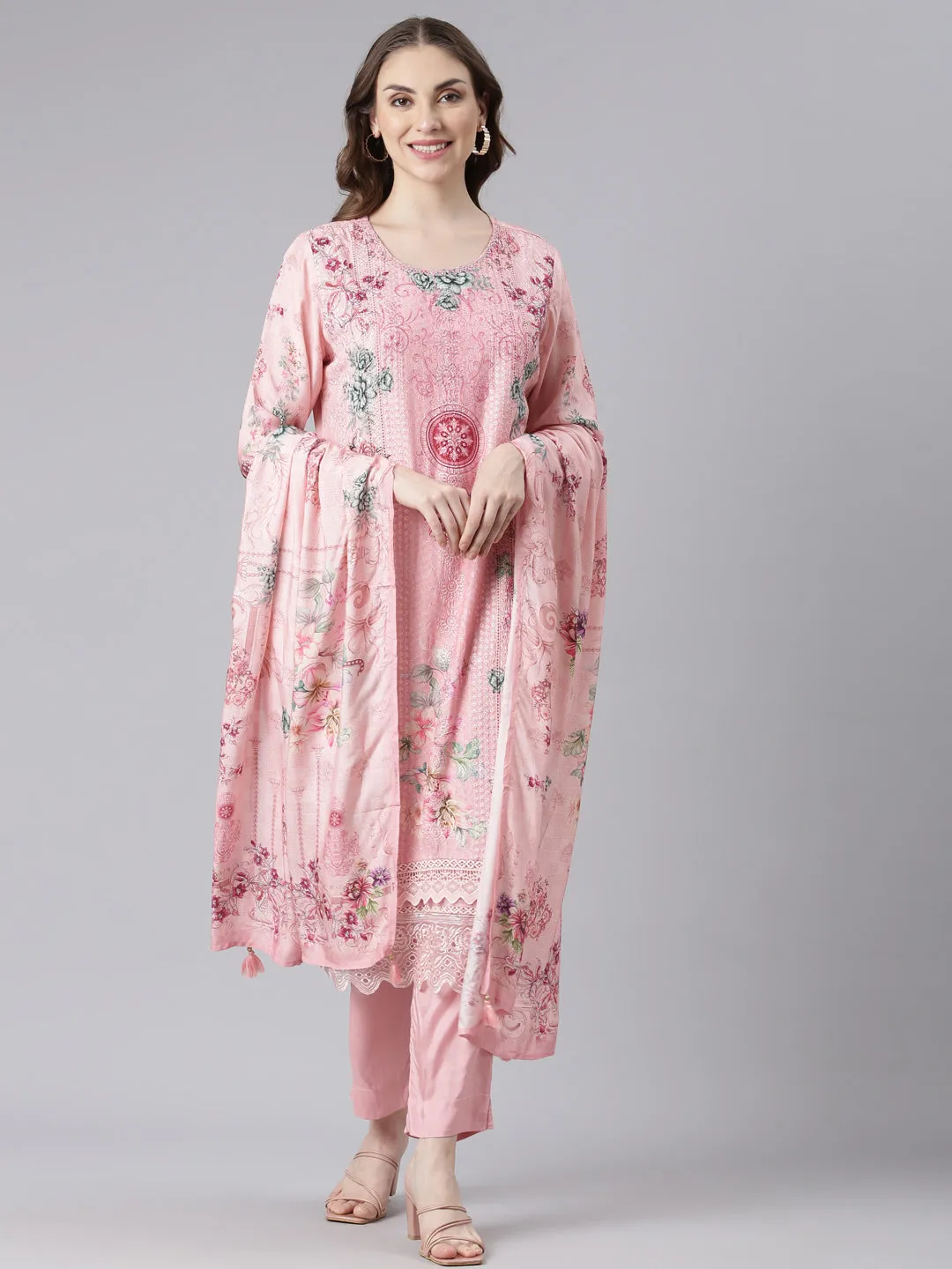 Neerus Pink Muslin Straight Casual Floral Kurta and Trouser with Dupatta