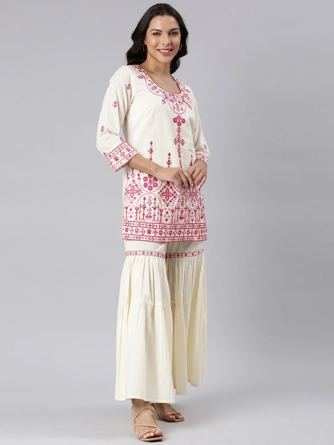 Neerus Pink Panelled Straight Yoke Design Kurti And Sharara With Dupatta