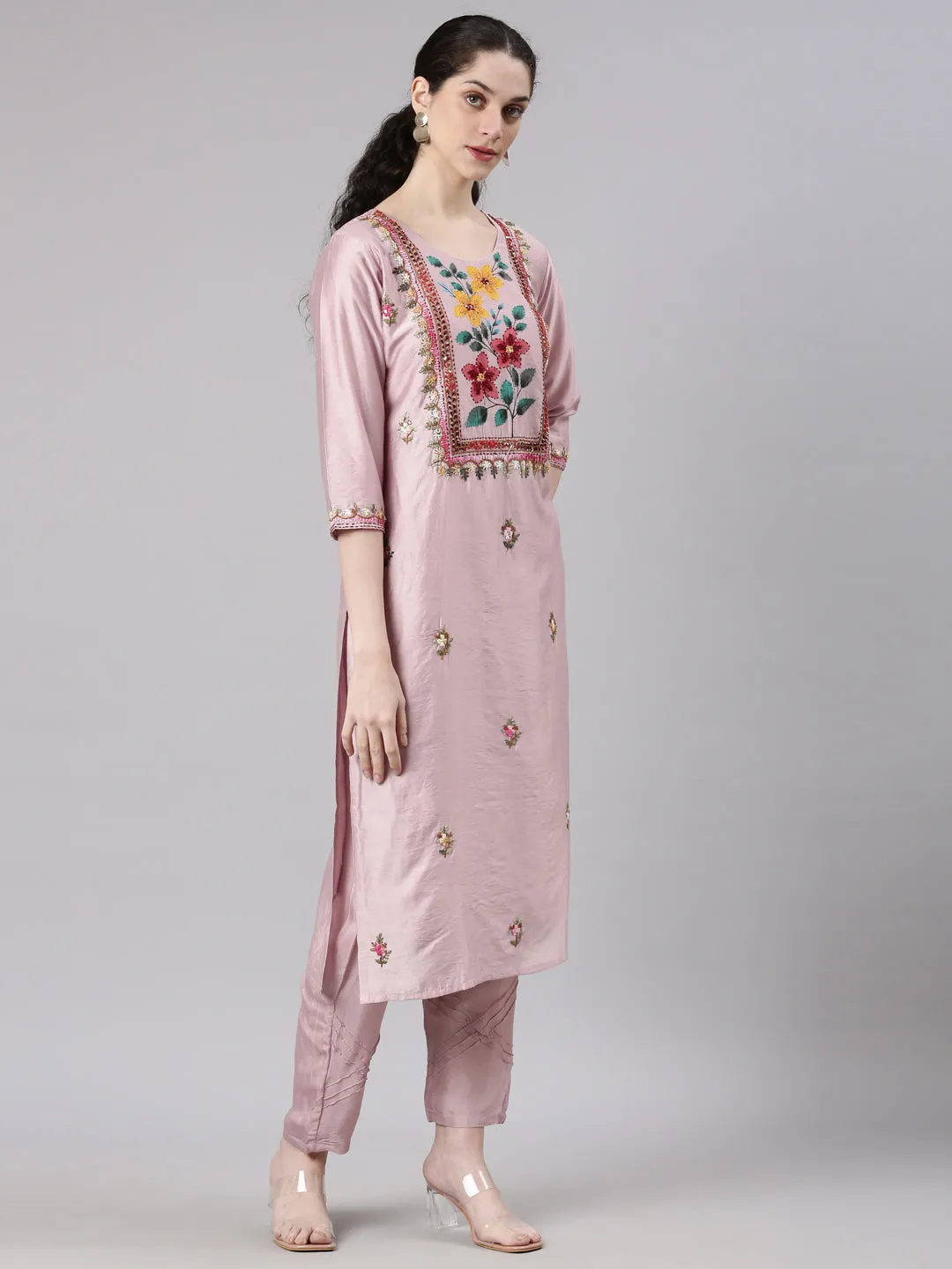 Neerus Red Straight Casual Solid Kurta and Trouser with Dupatta