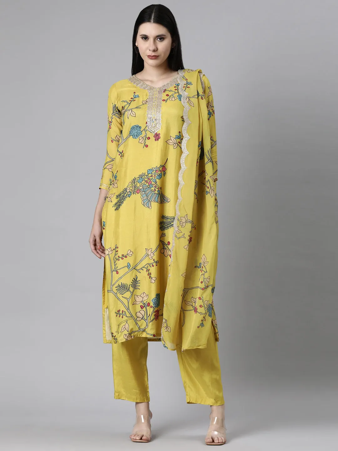 Neerus Yellow Casual Quirky Straight Kurta and Trousers With Dupatta