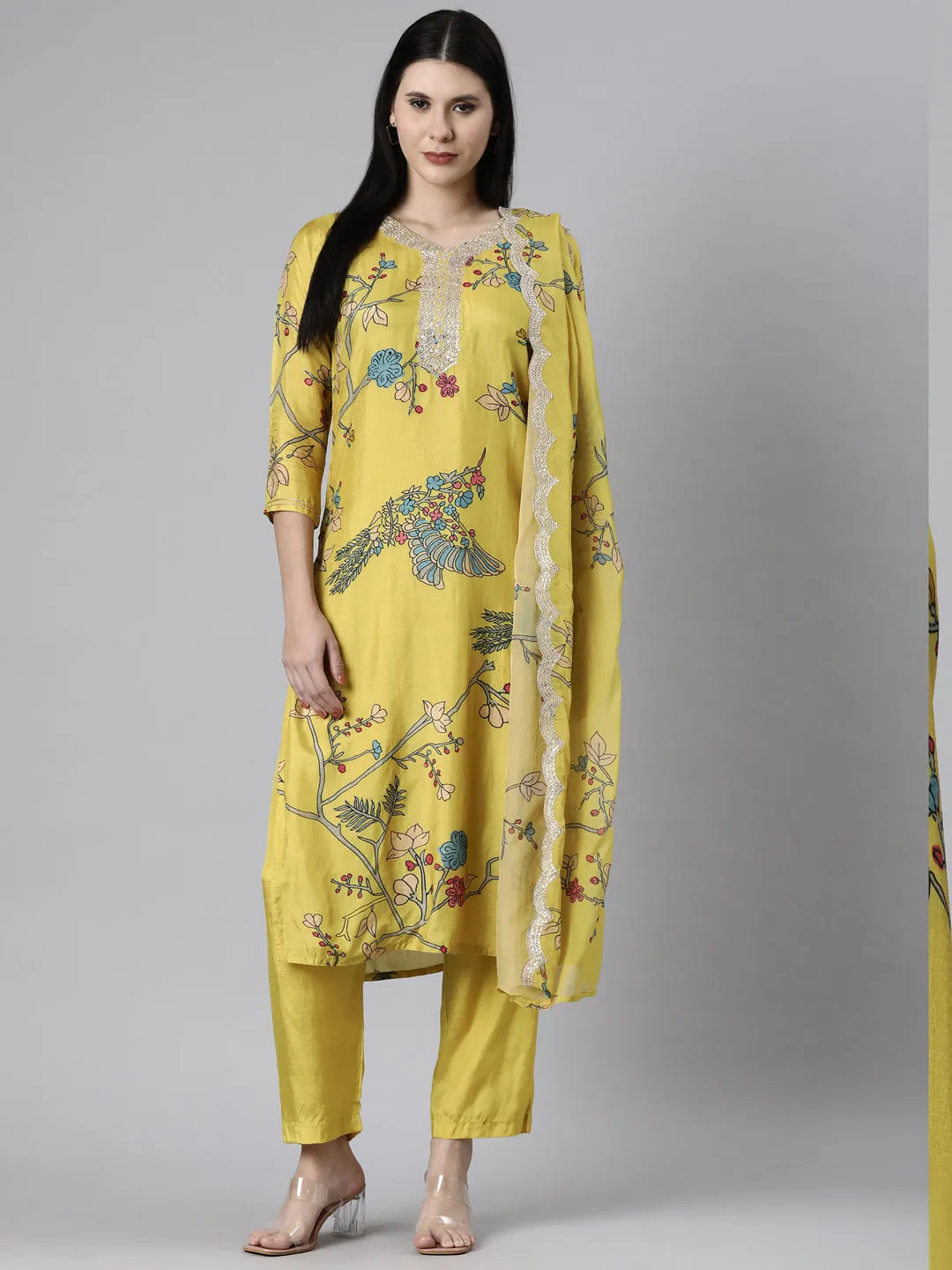 Neerus Yellow Casual Quirky Straight Kurta and Trousers With Dupatta