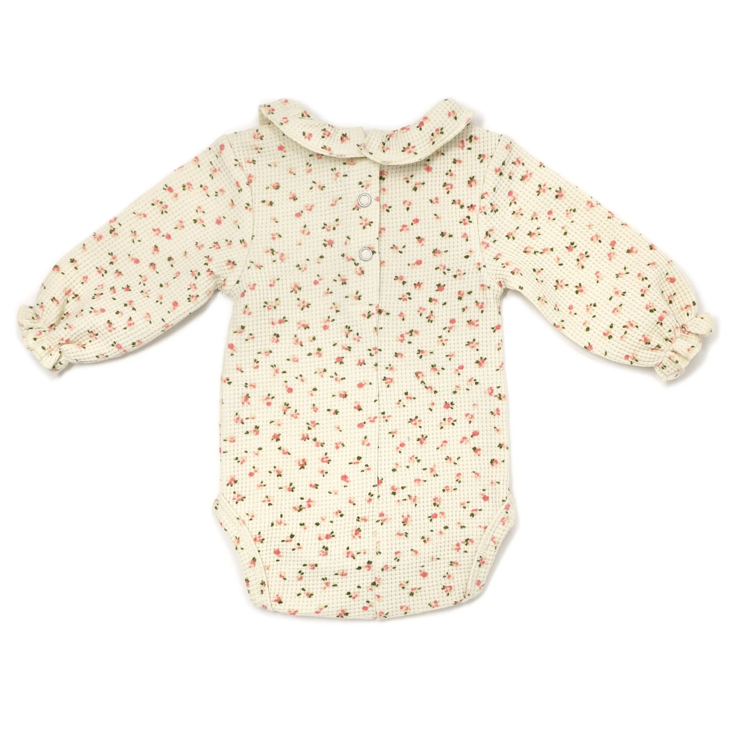 oh baby! Ruffle Collar Waffle Knit Onesie - Roses - Cream