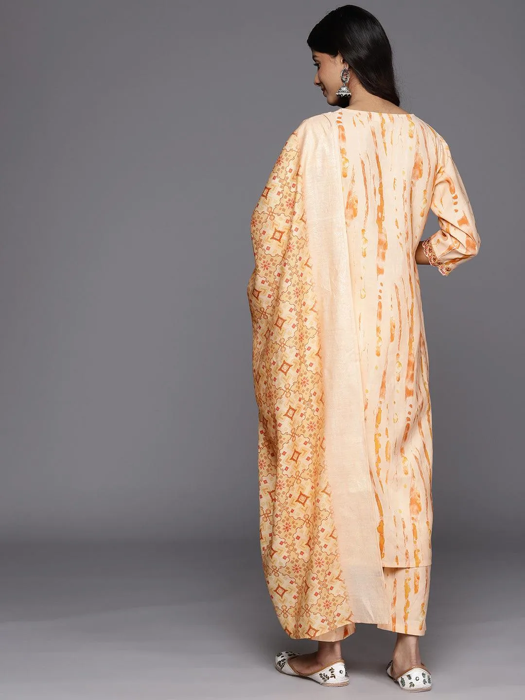 Orange Printed Silk Blend Straight Kurta With Trousers & Dupatta