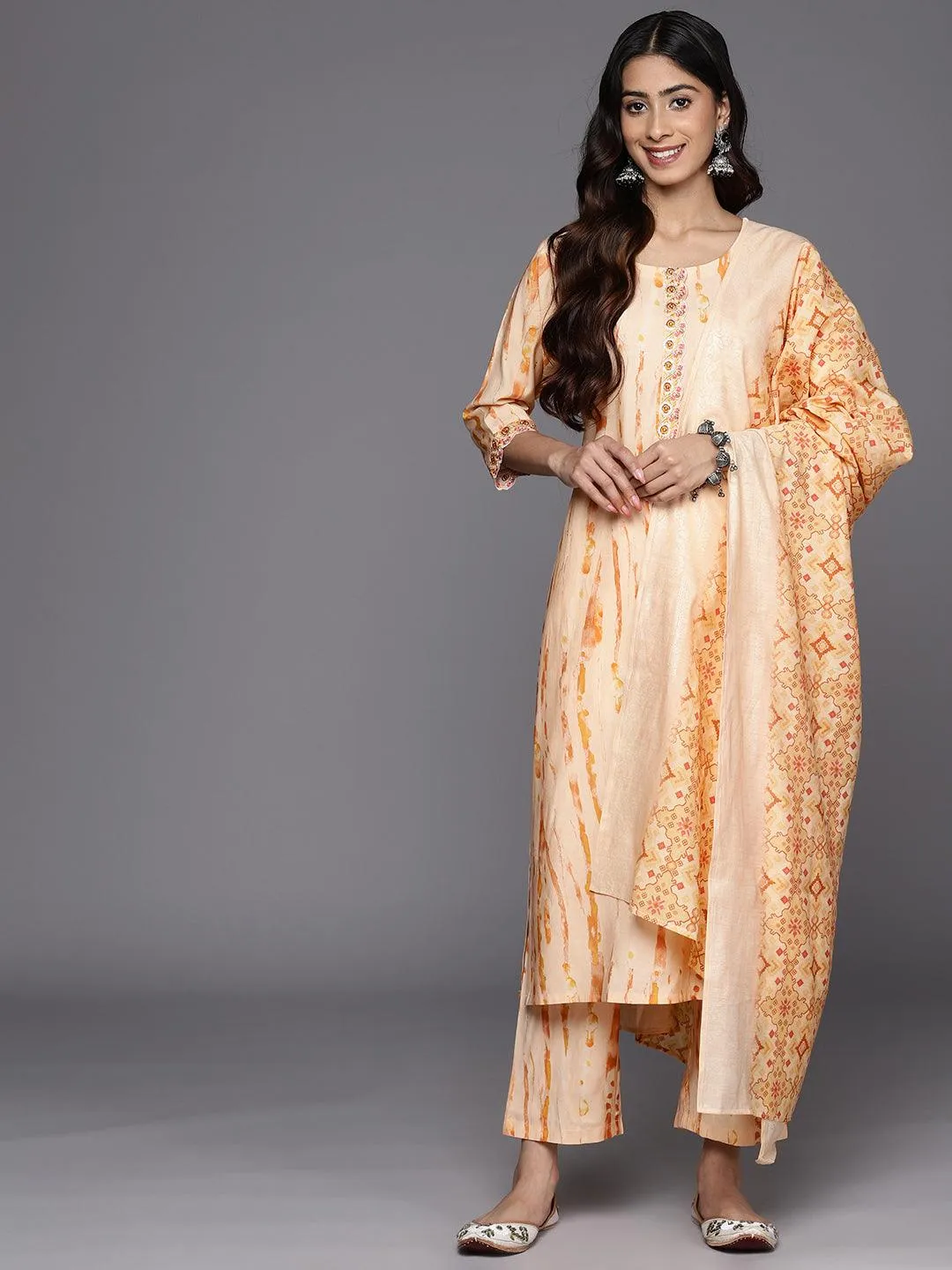 Orange Printed Silk Blend Straight Kurta With Trousers & Dupatta