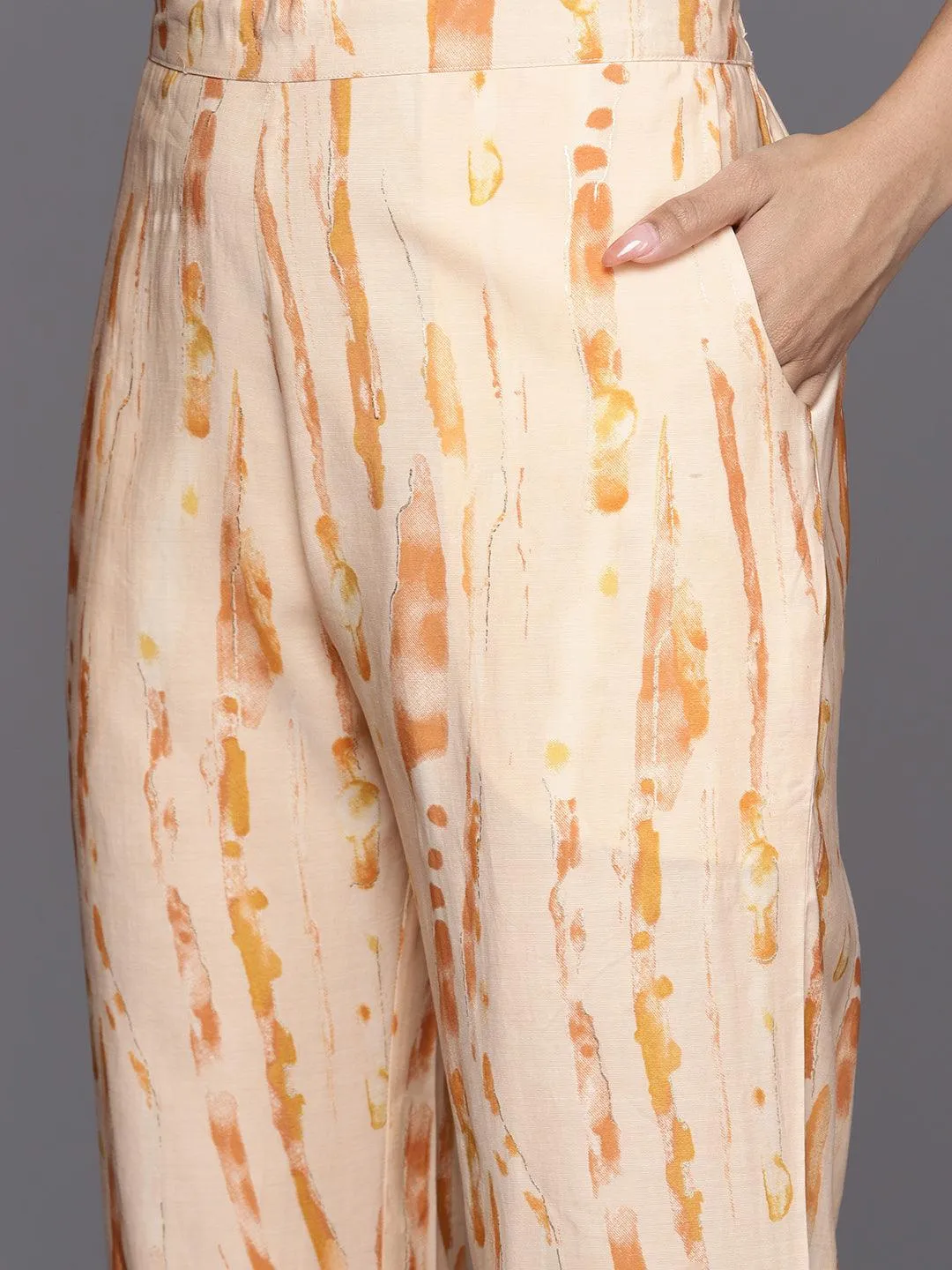 Orange Printed Silk Blend Straight Kurta With Trousers & Dupatta