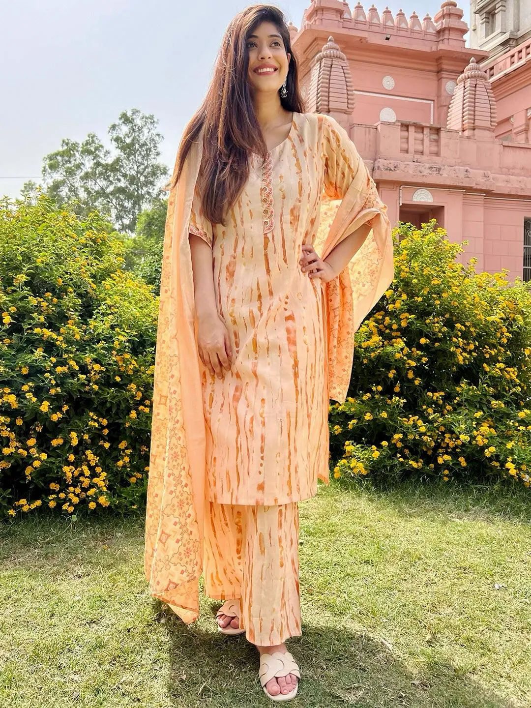 Orange Printed Silk Blend Straight Kurta With Trousers & Dupatta