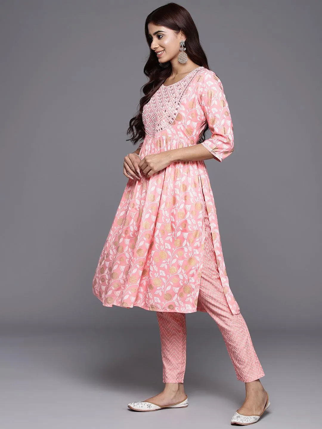 Pink Yoke Design Rayon A-Line Kurta With Trousers & Dupatta