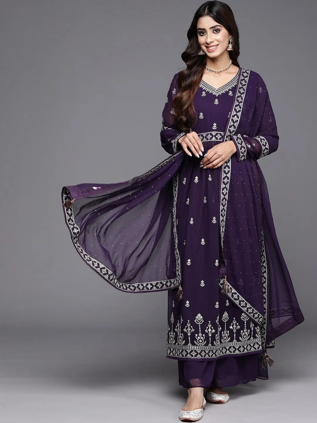 Purple Embroidered Georgette A-Line Kurta With Palazzos & Dupatta