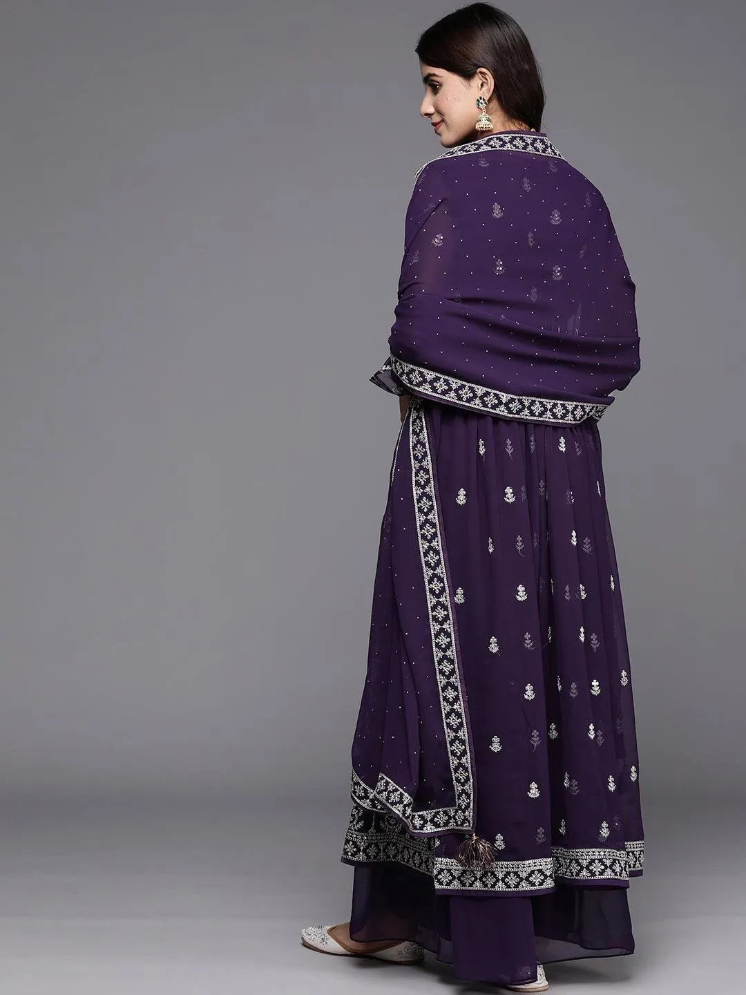 Purple Embroidered Georgette A-Line Kurta With Palazzos & Dupatta