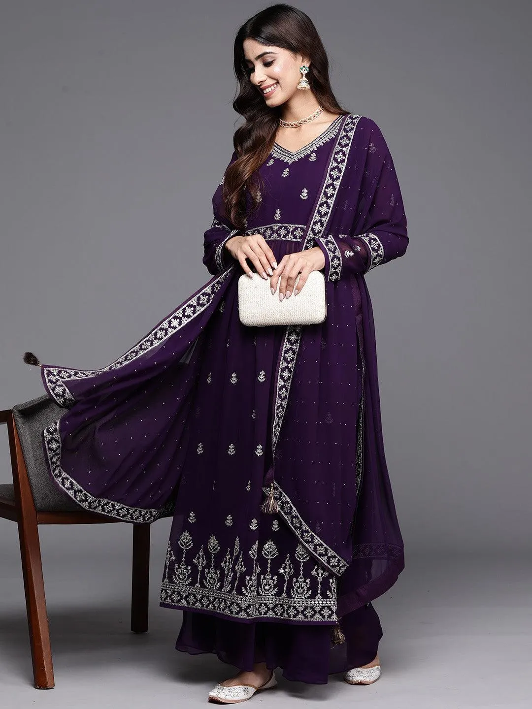 Purple Embroidered Georgette A-Line Kurta With Palazzos & Dupatta