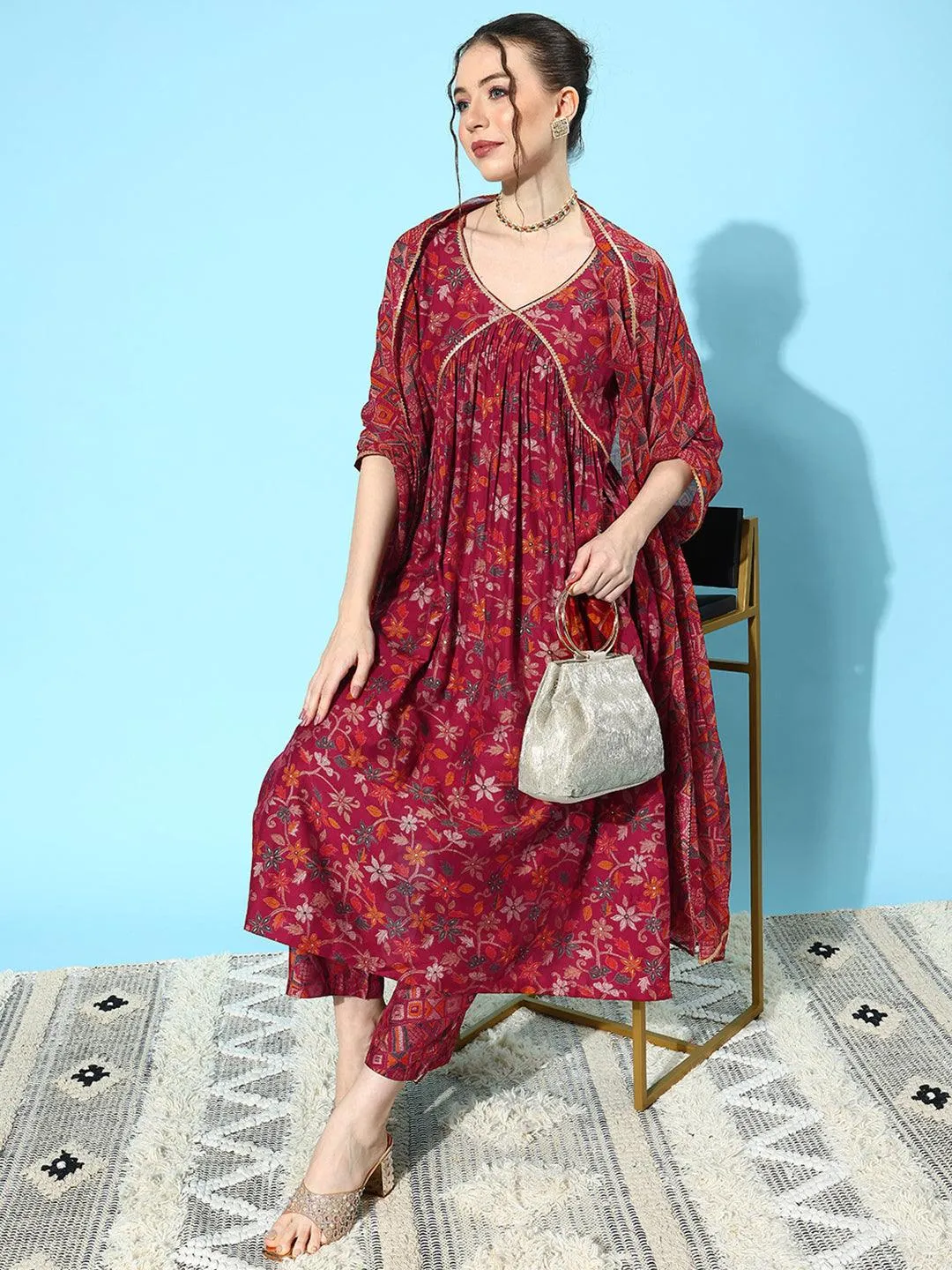 Red Printed Silk Blend A-Line Kurta With Trousers & Dupatta