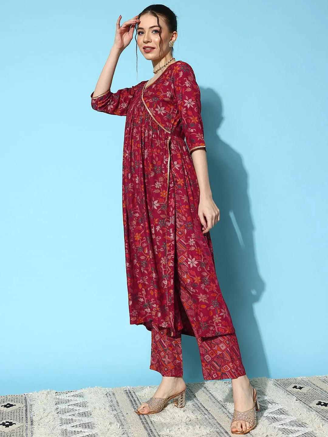 Red Printed Silk Blend A-Line Kurta With Trousers & Dupatta