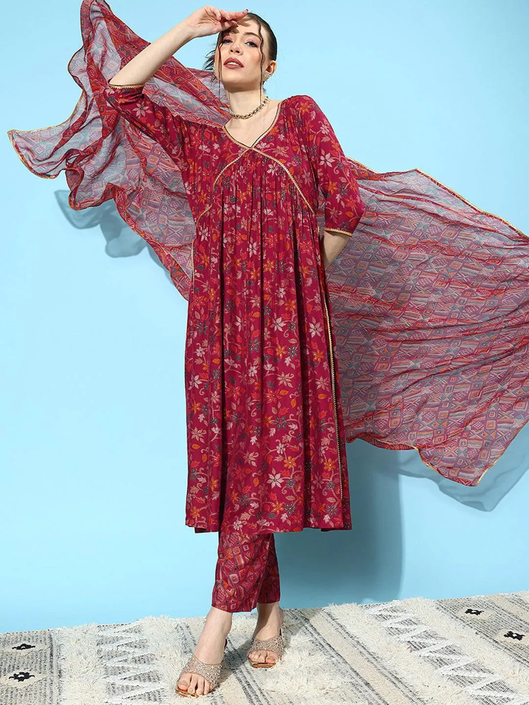 Red Printed Silk Blend A-Line Kurta With Trousers & Dupatta