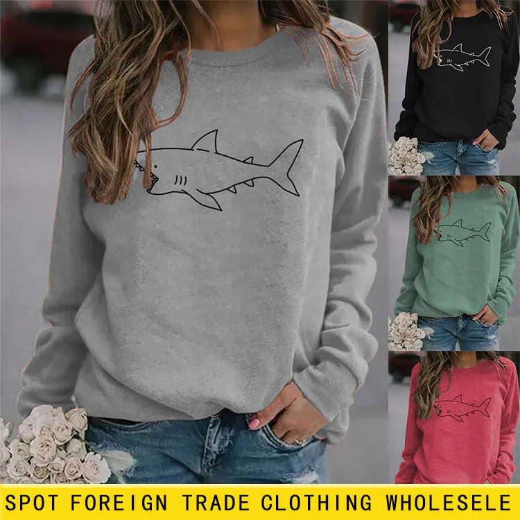 Round Neck Autumn and Winter Ladies Tops Shark Print Casual Long-sleeved Sweatshirt