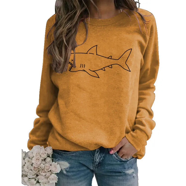 Round Neck Autumn and Winter Ladies Tops Shark Print Casual Long-sleeved Sweatshirt