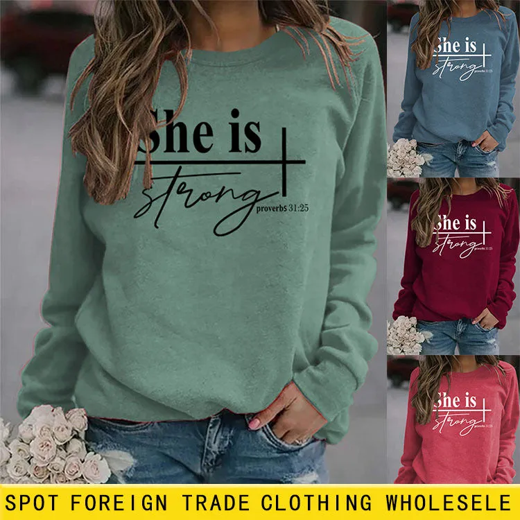 She Is Strong Fashion Large Round Neck Women's Long Sleeve Printed Sweater