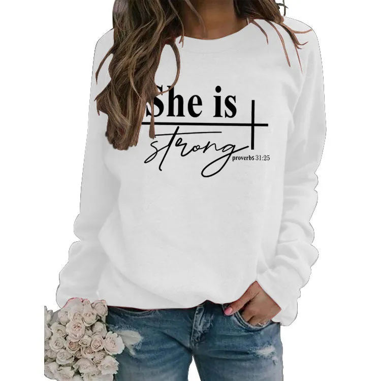 She Is Strong Fashion Large Round Neck Women's Long Sleeve Printed Sweater