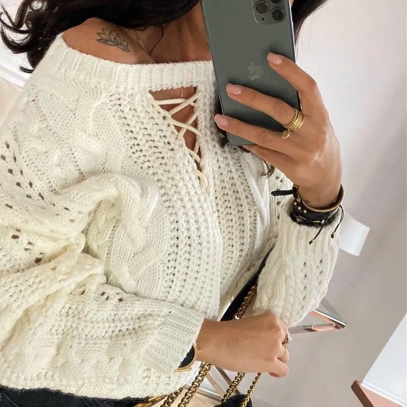 Slash Neck Sweaters Women Pullove Knitted Sweater Top