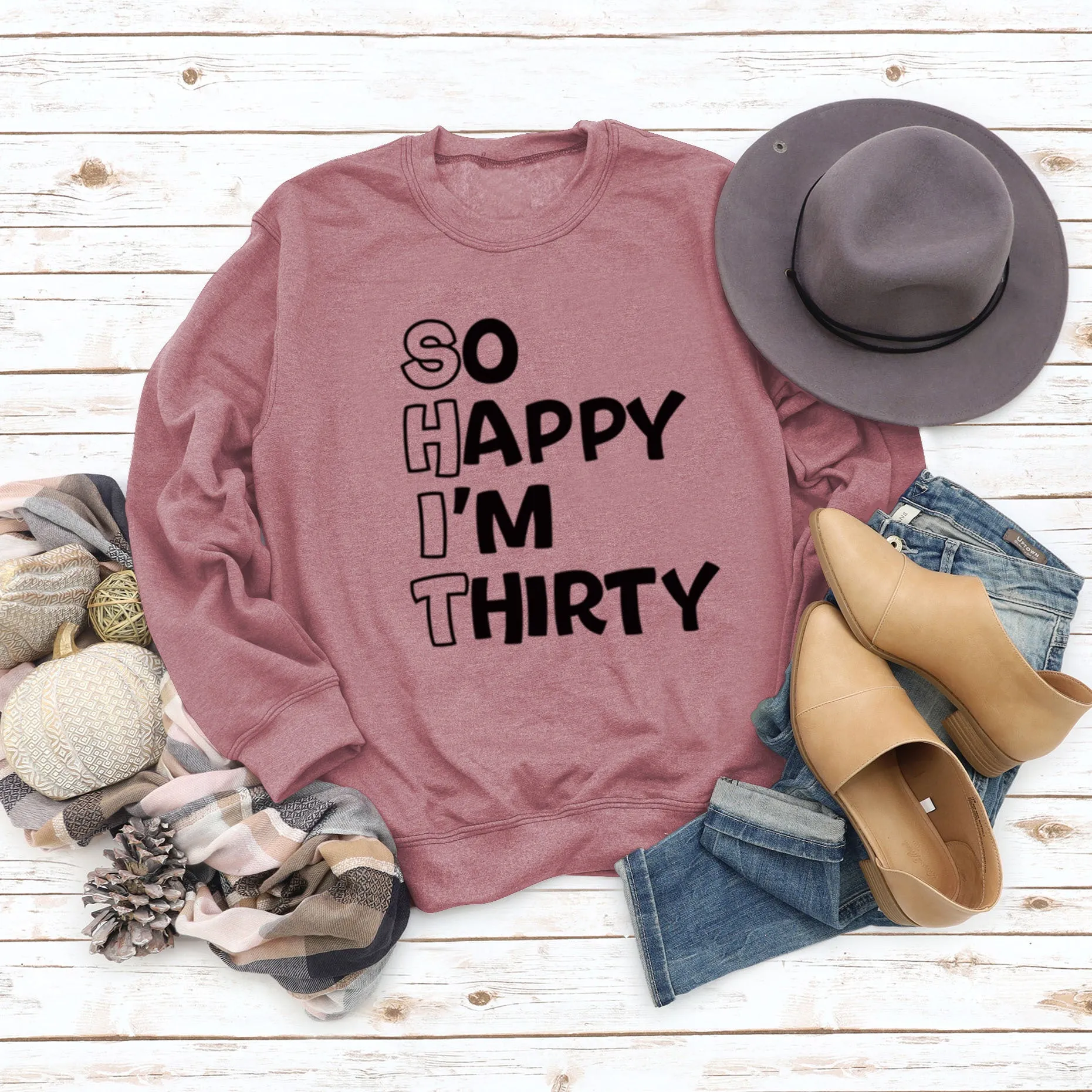 SO HAPPY I'M THIRTY Crew Neck Letter Long Sleeve Sweater Girl