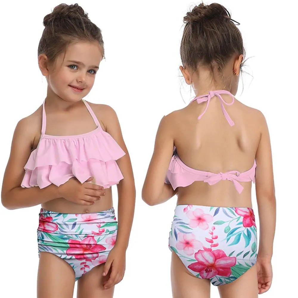 Stylish Cute Floral Print Bikini Sets For 2 -14 Years Old Girls